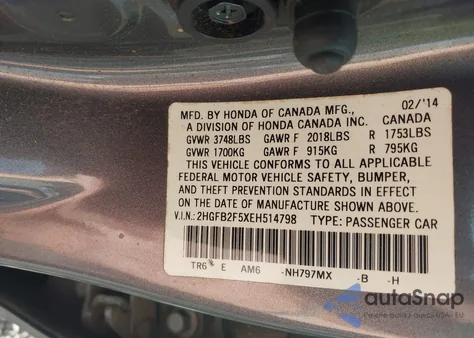 2014 Honda Civic Lx from USA, damaged, VIN 2HGFB2F5XEH514798